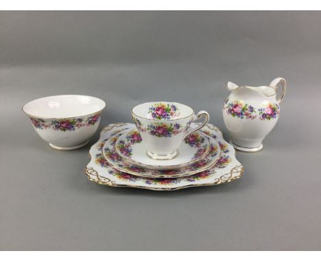 TUSCAN HALF TEA SERVICE, transfer decorated with floral sprays, comprising 6 cups, 6 saucers, 6 side plates, cake plate, suga