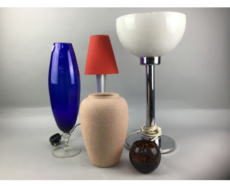 CHROME LAMP WITH SHADE, along with another lamp, pottery vases and other ceramics