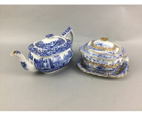 COPELAND BLUE AND WHITE TEA POT, along with Mason's and other circular plaques, a Victorian wash basin and other ceramics