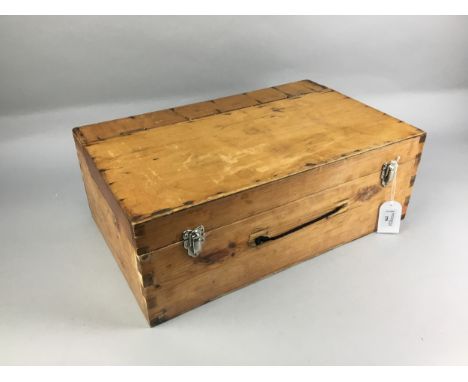 VINTAGE TOOL BOX, containing three vintage rulers and other tools
