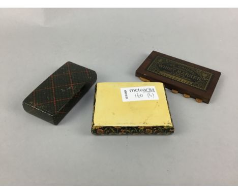 TARTANWARE SNUFF BOX, with Cumnock hinged, another snuff box and a rosewood whist marker (3)