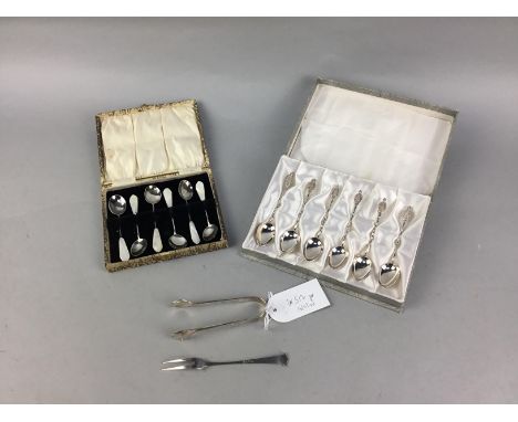 SET OF SIX SILVER COFFEE SPOONS, with mother of pearl handles, in fitted case, along with a silver pickle fork, Sterling suga