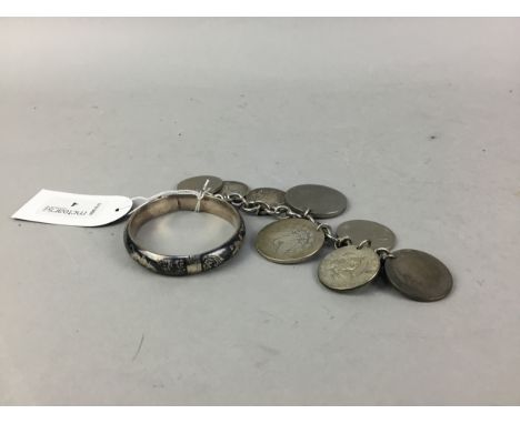 SILVER BANGLE AND COIN BRACELET, the bangle marked 'Sterling' and engraved with Burmese dancers