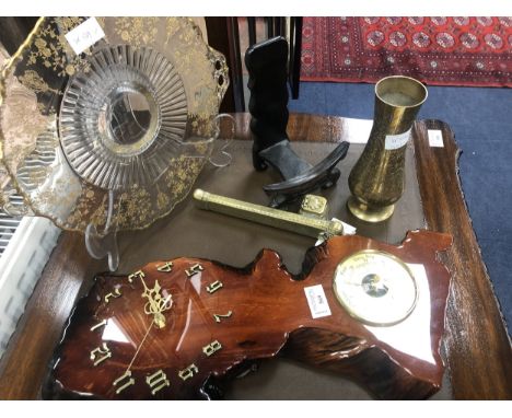 MODERN CLOCK WITH BAROMETER, 49cm high, along with a Chinese scribes brass pen holder, brass vase and circular glass dish (4)