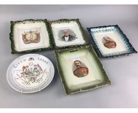 FOUR VICTORIAN COMMEMORATIVE WALL PLAQUES, including Diamond Jubilee; W. E. Gladstone and Kitchener, and a City of Leeds 1902