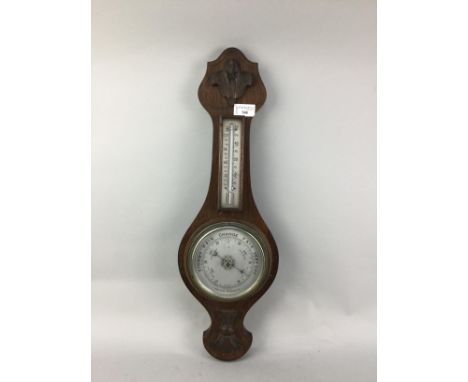 OAK CASED ANEROID BAROMETER, with thermometer, 58cm high