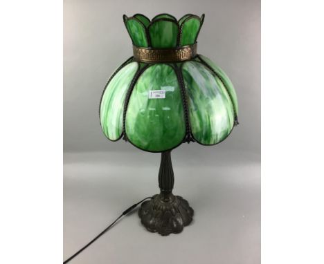 ART NOUVEAU STYLE BRONZED TABLE LAMP, with green glass shade, along with a pair of Art Deco style table lamps and three other