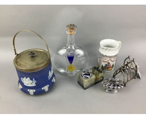 KOSTA BODA STYLE DECANTER, along with a collection of other items, including a toast rack, Wedgwood biscuit barrel, two table