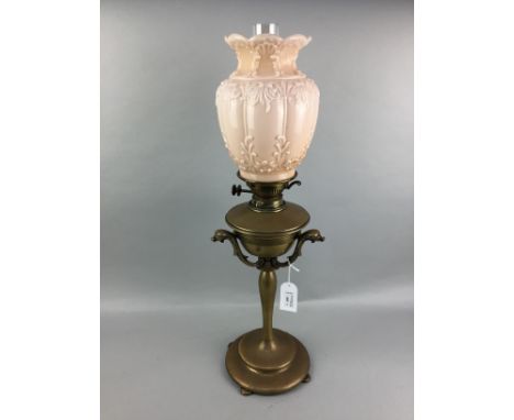 VICTORIAN BRASS OIL LAMP, on a baluster column with detachable reservoir, opaque moulded glass shade with chimney, 70cm high