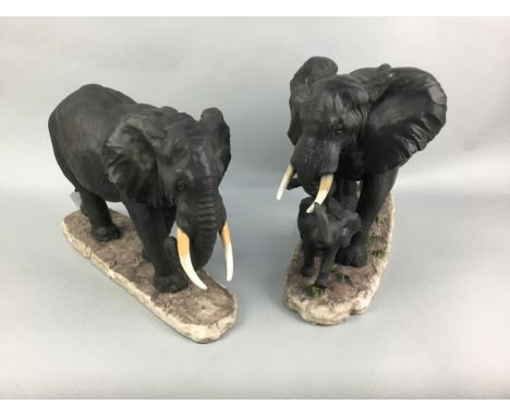 COMPOSITE FIGURE GROUP OF ELEPHANTS, along with another elephant figure and other animal figures, including two ceramic figur