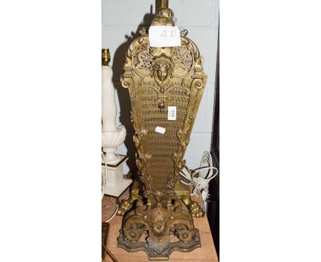 A Victorian brass Peacocks tail firescreen (handle incomplete) together with a later brass Corinthian column standard lamp (2