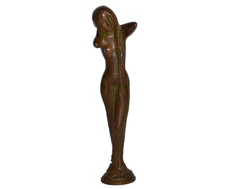 An Art Nouveau bronze desk seal, formed as a maiden with plain oval matrix and signed Rubin, 11.5cm