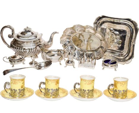 Four silver mounted coffee cups and saucers, silver toast rack, two blue glass lined silver salts, two silver George III tabl