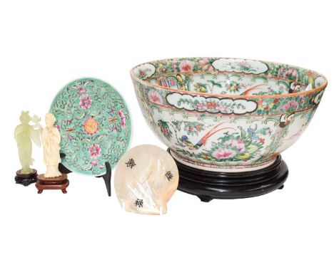 An early 20th century Canton famille rose punch bowl, mother of pearl shell etcCondition report: The Canton bowl has some rub