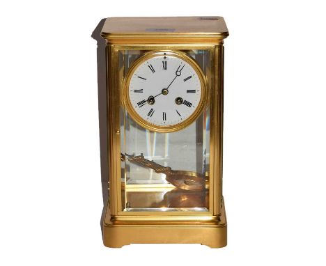 A brass cased four glass striking mantel clock with enamel dial, circa 1900, 30cm