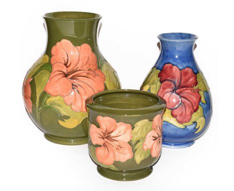 Three pieces of Walter Moorcroft Hibiscus pattern pottery, one vase one planter on a green ground and one vase on a blue grou