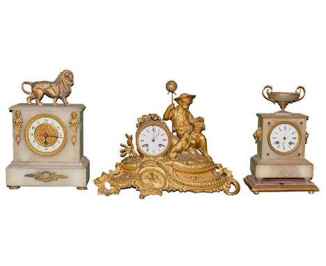 A 19th century French gilt metal figural striking mantle clock with enamel dial; together with a 19th century alabaster strik