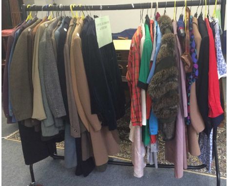 Assorted 20th century ladies and gents costume including two gents overcoats, 1950s evening coat, dresses, separates and box 