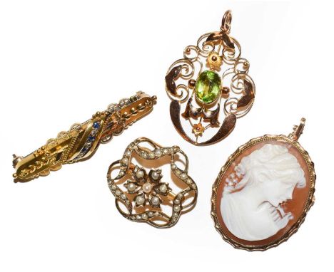 A peridot pendant, stamped '9CT', length 3.9cm; a split pearl pendant, unmarked, length 3.6cm; a 9 carat gold cameo brooch/pe