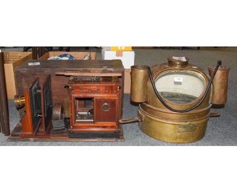 A Victorian magic lantern in pine case and a brass ships binnacle (2)