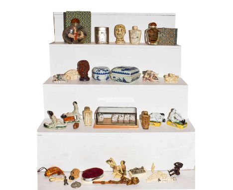 Assorted 20th century mainly Chinese and Japanese erotica, comprising two glass scent bottles and stoppers, bone and resin gr