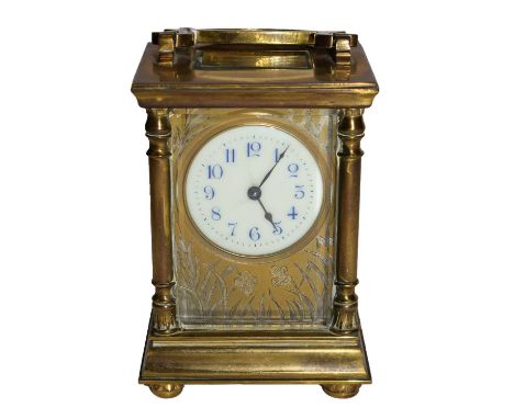 A brass carriage clock, circa 1900 and a painted dial longcase clock dial and movement, 19th century, (2)