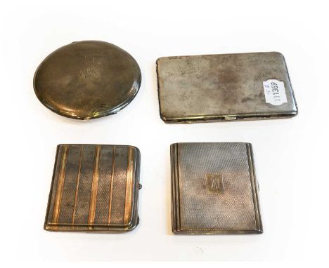 Three Various silver cigarette-cases and a compact, the cigarette-cases each oblong, two engine turned and one plain, the com