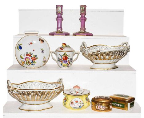 A pair of early 19th century English porcelain baskets painted in the well with crests; together with a small collection of c