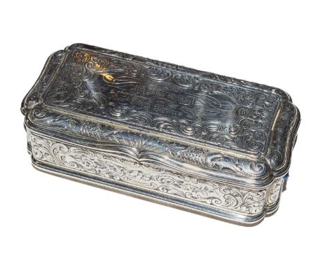 A silver snuff box by Edward Smith, Birmingham 1855, with engine turned decoration and gilt interior, given as a gift, letter