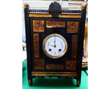 An Aesthetic movement mantel clock in ebonized and brass mounted case, with enamel dial signed J W Benson; together with a Fr