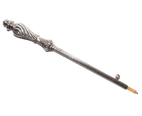 A Silver Candle Lighter with fluted and foliage stamped handle, with propelling holder for the lighter