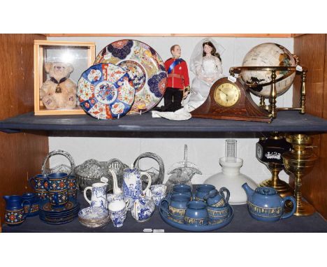 A hardstone inset table globe, Royal Crown Derby coffee set, glass, mantel clock, tea wares etc