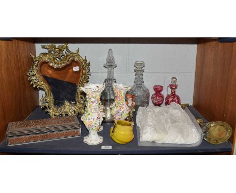 Christening gown, brass framed easel mirror, decanters, hoof door stop, cranberry etc