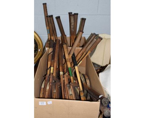 A group of vintage wooden tennis rackets including Slazenger, Altas Co., Leader, H.J. Gray &amp; Sons Ltd. and others (two bo