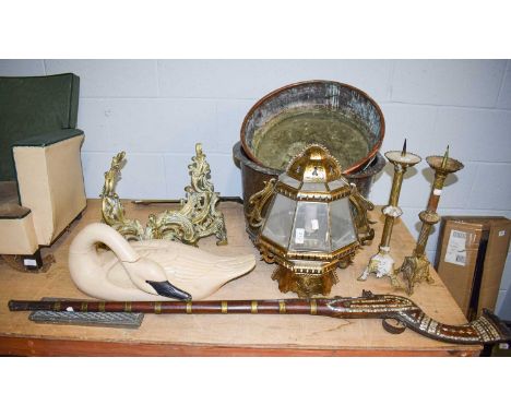 A quantity of mainly antique metalwares to include two large copper vessels, a brass wall mounted lantern, a pair of candle p
