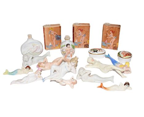 Ten assorted early 20th century and later bisque reclining nude figures and mermaids; three pottery Scotch Whisky 'book' flas