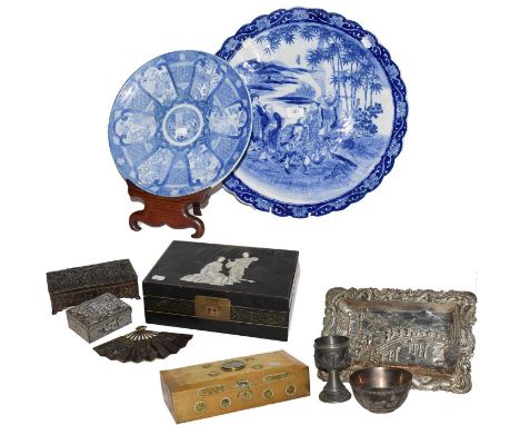 Two Japanese blue and white chargers, a Japanese silver plated tray decorated in relief with a procession of mice, a Chinese 