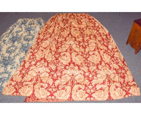 A pair of double-lined curtains, decorated with golden flowers on a red field, 254cm by 265cm (drop), a further pair of simil