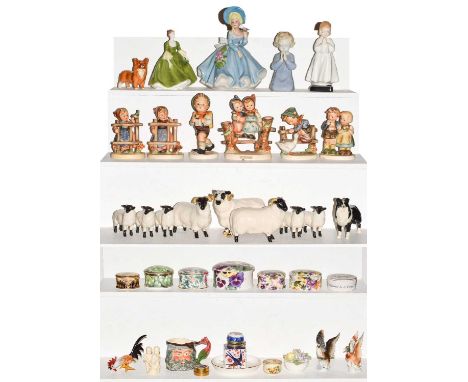 Beswick sheep and lambs, Royal Doulton figure 'Bedtime', Hummell figures, various trinket boxes, etc (one tray)