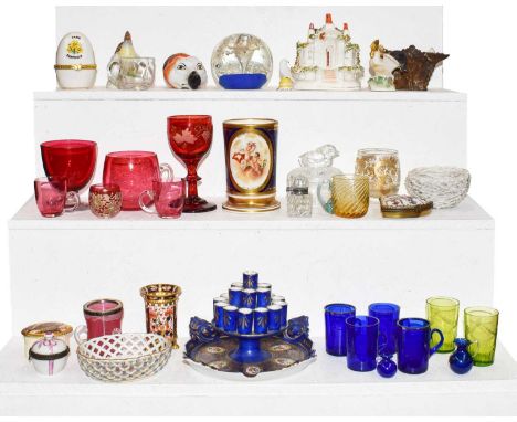 A collection of 19th century and later assorted ceramics and glass to include a Bristol porcelain birds nest, a small Meissen