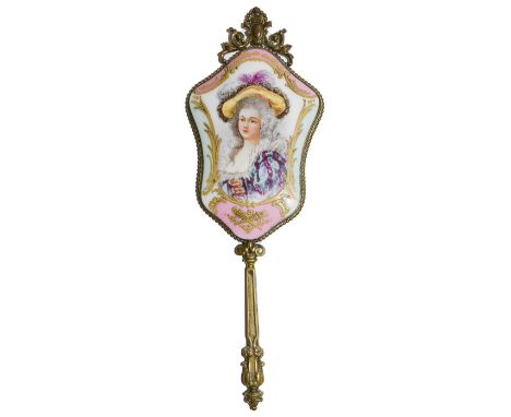 A Brass Handled Hand-Mirror the shaped mirror with a panel painted with an elegant lady, with brass mountsCondition report: M