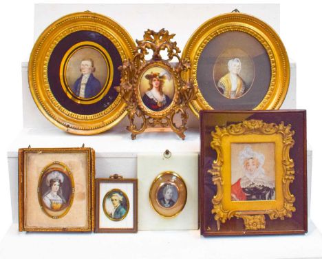 A 19th century ivory portrait miniature in yellow metal pendant mount; together with a collection of other portrait miniature