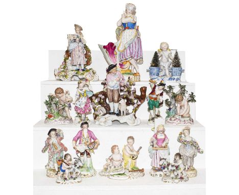A large quantity of continental porcelain figures to include Sintzendorf and Samson of Paris; together with a Meissen Rococo 