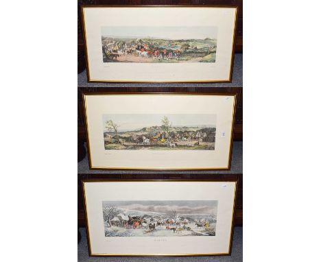 A set of three hunting prints; a station platform lantern; a spring balance scale (5)