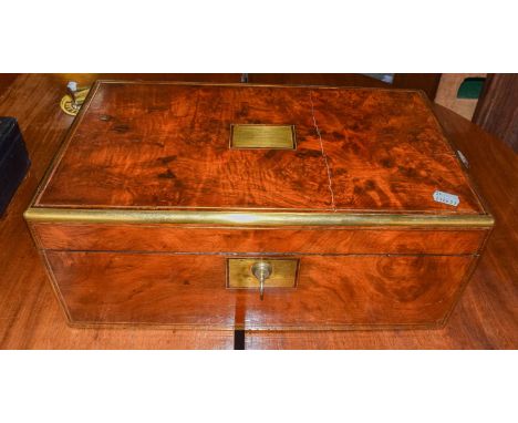 A Victorian burr walnut and brass inlaid writing slope together with a mahogany case assembed set of six silver plated fruit 