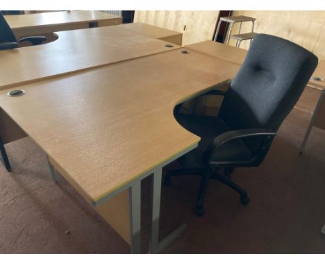 A light oak effect desk, width 178 cm,  together with three drawer beech chest and black swivel chair. (3)