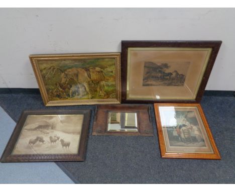 An antiquarian colour print - The Cottage Door by F Wheatley together with three other framed prints and an oak framed mirror