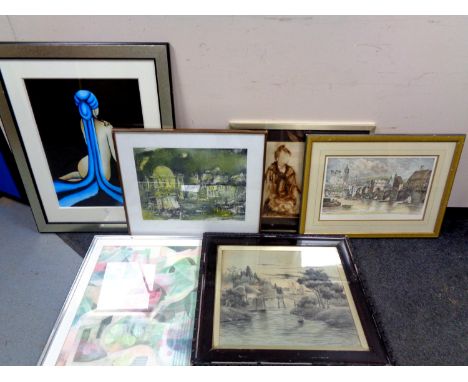 A H Brewer print of Newcastle Upon Tyne circa 1771, together with five other framed pictures 