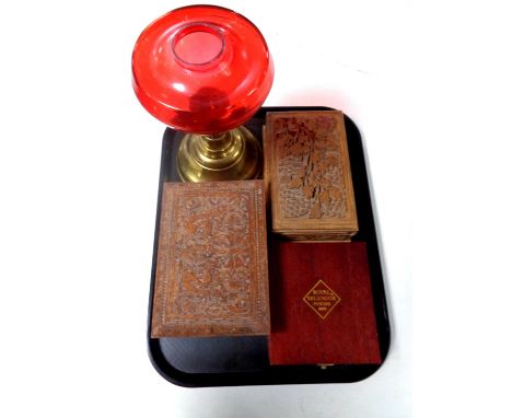 A tray of antique brass oil lamp base, boxed Royal Selangor hip flask, two wooden boxes 