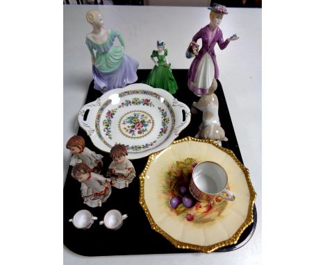 A tray of cabinet china, two Coalport Ladies of Fashion figures, Spanish puppy figure, Limoges gilded coffee can, Spode dish 